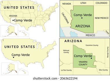 Camp Verde town location on USA, Arizona state and Yavapai County map