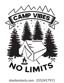 El diseño de la camiseta "Camp Vibes, No Limits" celebra el espíritu aventurero con Elementos inspirados en la naturaleza como montañas y estrellas. Ideal para los amantes del aire libre.