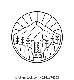 camp in waterfall nature mountain wildlife in mono line art design for t-shirt, badge, sticker, etc
