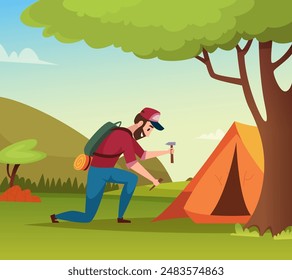 camp in wood. adventure in forest man building tent vector background in cartoon style