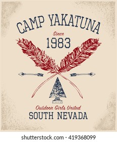 Camp Yakatuna Outdoor print for t-shirt or apparel. Retro girls artwork with adventure theme for fashion and printing. Old school vector graphic with vintage effects that are easily removable.