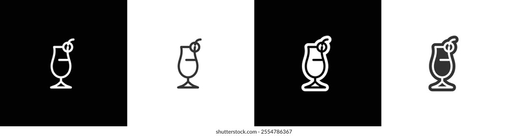 Campagne glass icons. Classic alcoholic cocktail and cocktail glass thin line and flat icon. Cocktail glass vector illustration symbols in black white and transparent background.