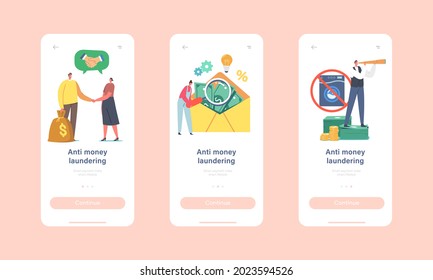 Campaign Against Money Laundering Mobile App Page Onboard Screen Template. Tiny Characters at Huge Envelope with Dollars and Washing Machine Stop Corruption Concept. Cartoon People Vector Illustration