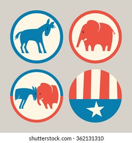 campaign buttons icons of republican elephant and democrat donkey