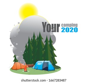 Campaign The camp stands in a clearing near the forest. Sunny summer day. A bonfire smokes near a blue tent