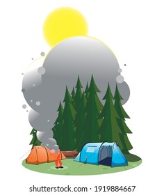 Campaign The camp stands in a clearing near the forest. Sunny summer day. A bonfire smokes near blue and orange tent