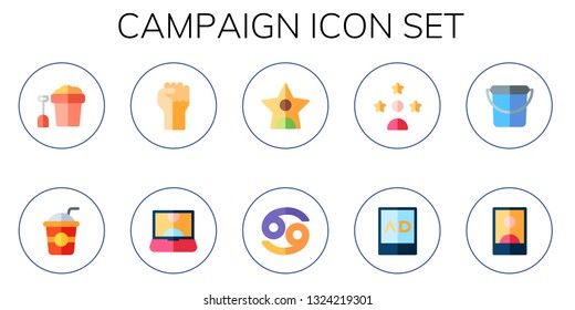 campaign icon set. 10 flat campaign icons.  Collection Of - bucket, straw, protest, influencer, cancer, ads