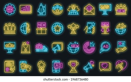 Campaign icons set. Outline set of campaign vector icons neoncolor on black