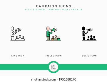 Los iconos de campaña establecen la ilustración vectorial con el estilo de línea de icono sólido. Concepto de elección pública del gobierno. Icono de trazo editable en fondo aislado para diseño web, interfaz de usuario y aplicación móvil
