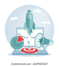 Campaign for launching a startup business,  including a rocket launch, target, and data analysis symbolism. Perfect for advertising, launching a startup business, and promotional themes.