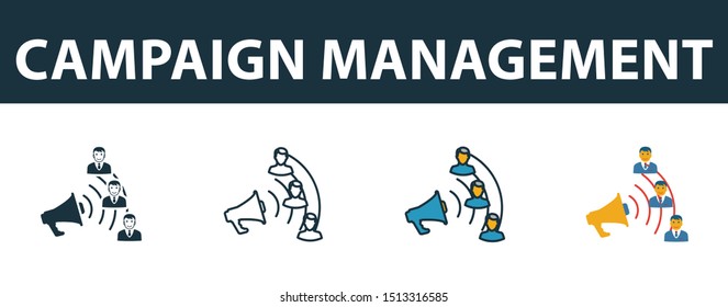 Campaign Management icon set. Premium simple element in diferent styles from crm icons collection. Set of campaign management icon in filled, outline, colored and flat symbols concept.