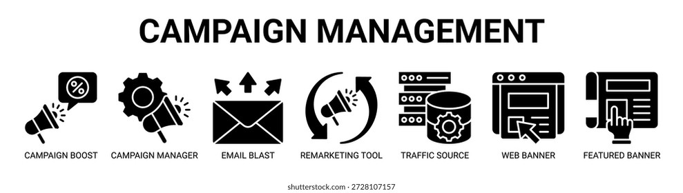 Campaign Management Web-Banner Symbol Vektorgrafik-Konzept mit Symbol der Kampagne Boost, Kampagnenmanager, E-Mail-Explosion, Remarketing-Tool, Traffic-Quelle, Web-Banner, Banner mit Funktionen.