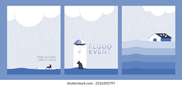 Campaign pets safe in a flood. Vector illustration of a flooded house, house, pets, furniture showing flooding icons. natural flood disaster icon