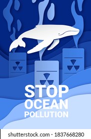 Campaign poster for the protection of the ocean from pollution. Layered paper-style design. Ecology and environment protection. Vector illustration