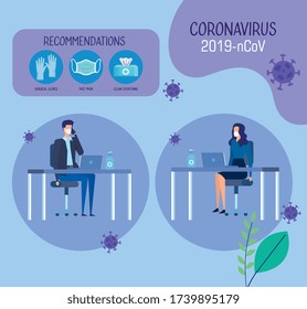 campaign of recommendations of 2019 ncov at office with business couple and icons vector illustration design