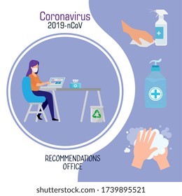 Campaign Of Recommendations Of 2019 Ncov At Office With Woman And Icons Vector Illustration Design