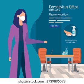 campaign of recommendations of 2019 ncov at office with businesswoman and icons vector illustration design