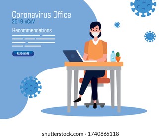 campaign of recommendations of 2019 ncov at office with businesswoman and icons vector illustration design