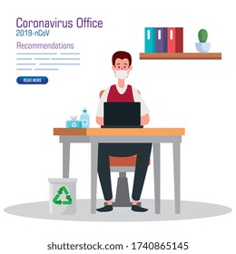 campaign of recommendations of 2019 ncov at office with businessman and icons vector illustration design