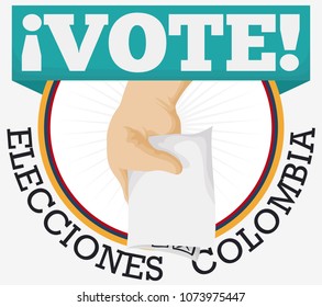 Campaign round button with voter hand holding the electoral card for Colombian elections event (written in Spanish).