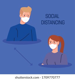 campaign of social distancing for covid 19 with couple using face mask vector illustration design