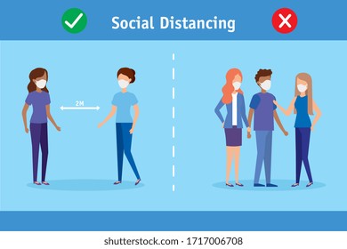 campaign of social distancing for covid 19 with group people vector illustration design