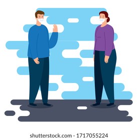 campaign of social distancing for covid 19 with couple using face mask vector illustration design