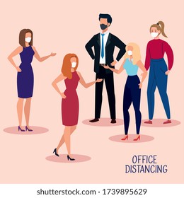 campaign of social distancing at office for covid 19 with business people vector illustration design