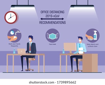 campaign of social distancing at office for covid 19 with business men vector illustration design