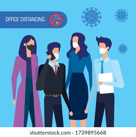 campaign of social distancing at office for covid 19 with business people vector illustration design