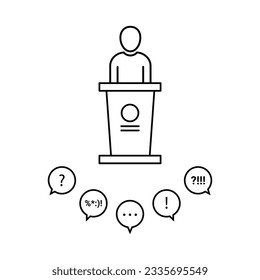 campaign speech before an audience. concept of award, report, briefing stand, teacher, stage, president, lecture, motivation. linear style trend modern logo design illustration white background