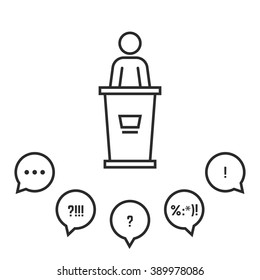 campaign speech before an audience. concept of award, report, briefing stand, teacher, stage, president, lecture, motivation. linear style trend modern logo design vector illustration white background