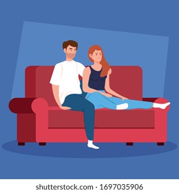 campaign stay at home with couple in living room vector illustration design