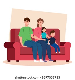 campaign stay at home with family in living room vector illustration design