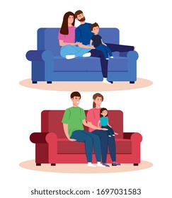 campaign stay at home with family scenes in living room vector illustration design