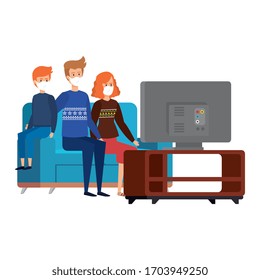 campaign stay at home with family using face mask watching tv vector illustration design