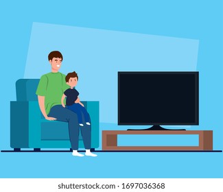 campaign stay at home with father and son watching tv vector illustration design