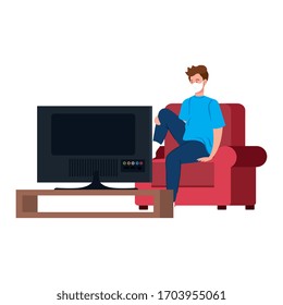 campaign stay at home with man using face mask watching tv vector illustration design