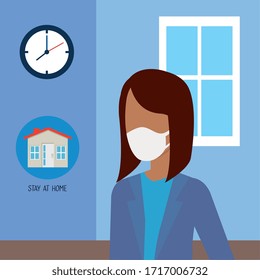 campaign stay at home with woman afro vector illustration design