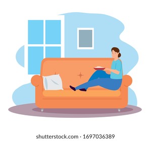 campaign stay at home with woman in living room eating vector illustration design