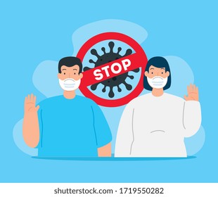 campaign of stop 2019 ncov with couple using face mask vector illustration design