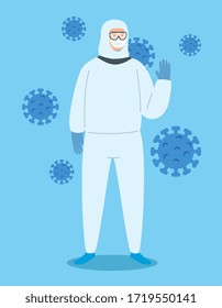 campaign of stop 2019 ncov and person using biohazard suit vector illustration design