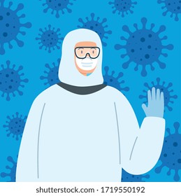 campaign of stop 2019 ncov and person using biohazard suit vector illustration design