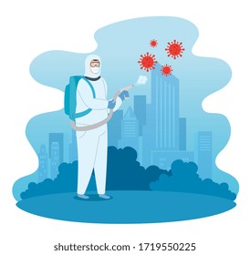 campaign of stop 2019 ncov and person using biohazard suit vector illustration design