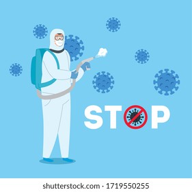 campaign of stop 2019 ncov and person using biohazard suit vector illustration design