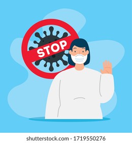 campaign of stop 2019 ncov with woman using face mask vector illustration design