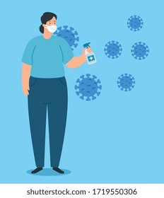 campaign of stop 2019 ncov and woman with spray disinfectant bottle vector illustration design