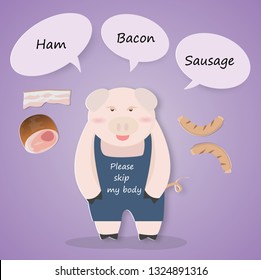 Campaign of stop eating pork with a cute pig and please skip my body text,vector illustration paper art style.