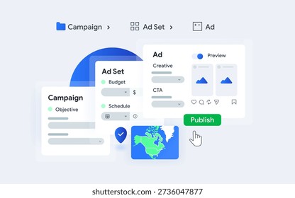 Campaign Structure Ui overview for digital Advertising. Hierarchy of Campaign Ad Set and Ad Levels. Marketing workflow explained with clean interface design. Vector illustration

