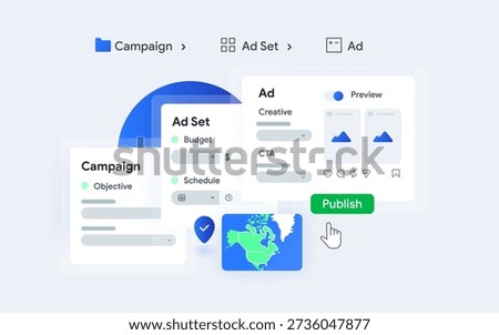 Campaign Structure Ui overview for digital Advertising. Hierarchy of Campaign Ad Set and Ad Levels. Marketing workflow explained with clean interface design. Vector illustration
